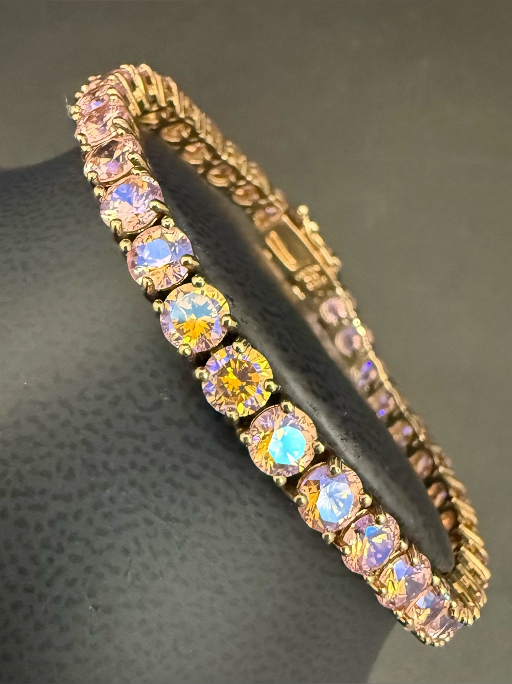 Vintage UTC 925 Sterling Gold Vermeil Iridescent Pink Round CZ Tennis Bracelet